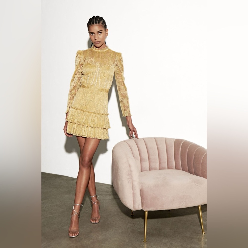 Saylor Adria Pleated Lace Mini Dress Gold Sz M
